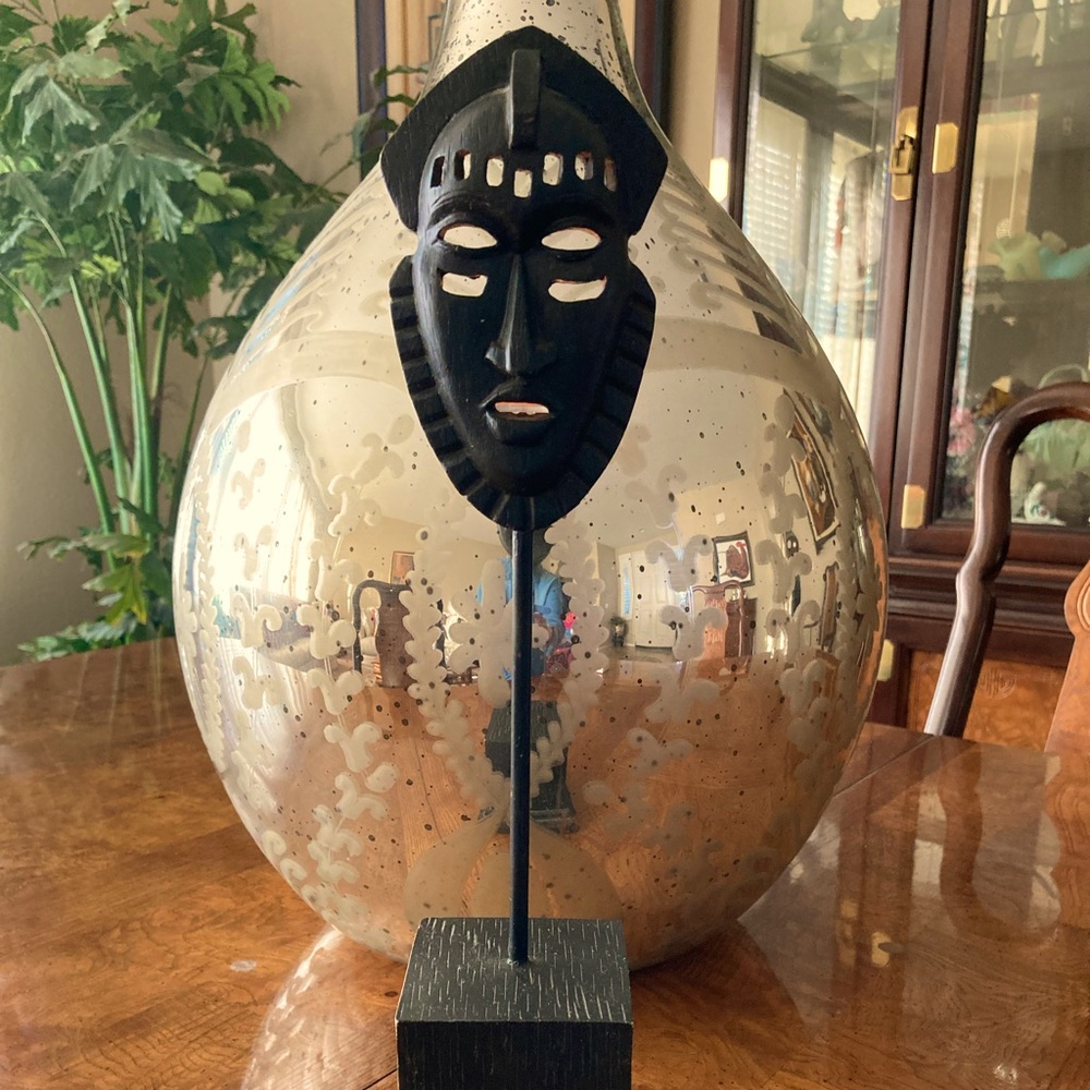 African Mask Votive Candle Holder on Metal & Wood Stand